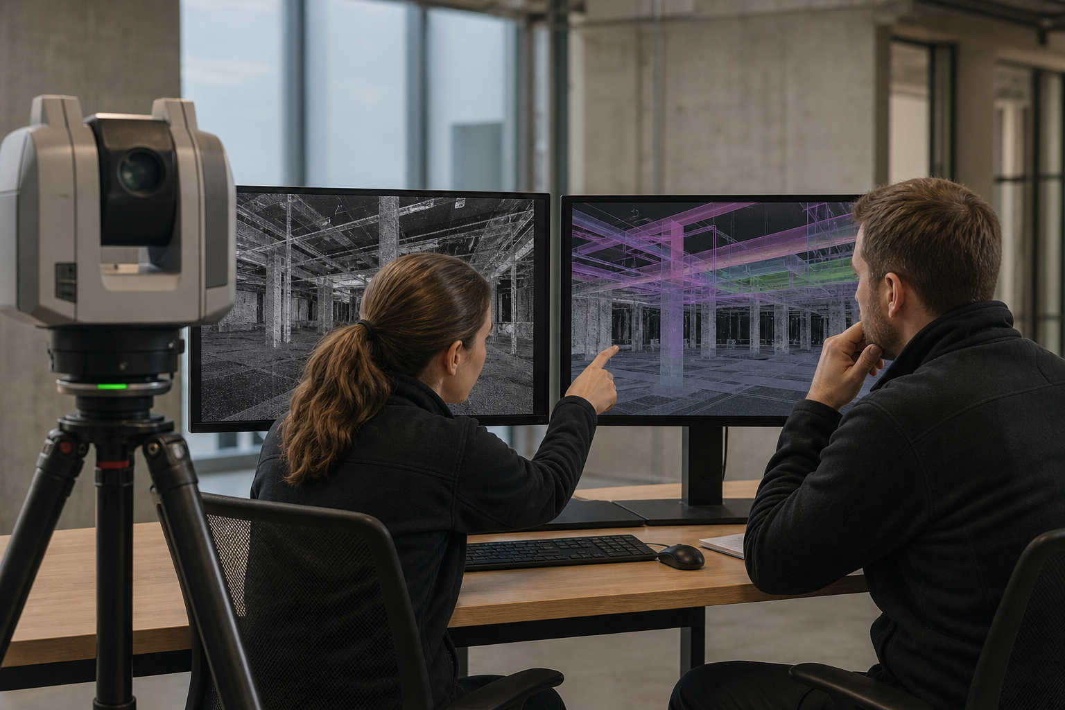 Photorealistic construction scene illustrating point cloud as-built comparison for a commercial project