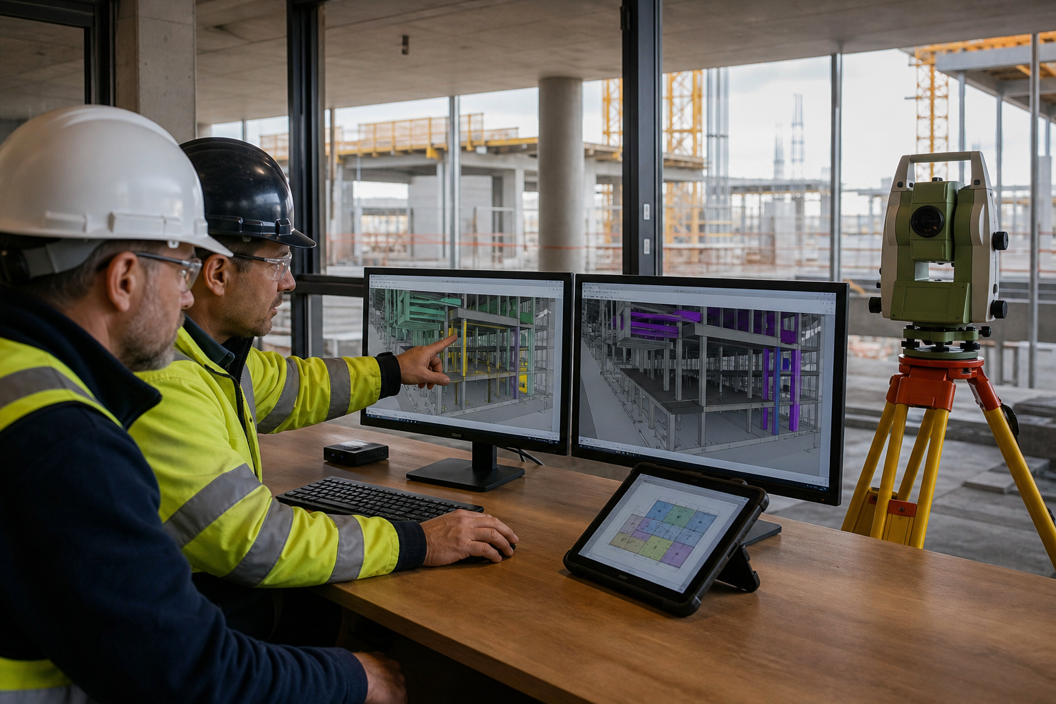 Photorealistic construction scene illustrating revision control for field layout for a commercial project