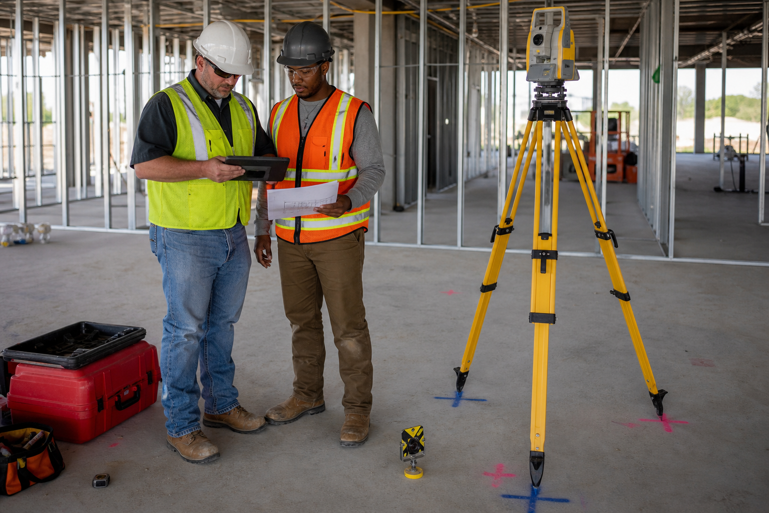 Photorealistic construction scene illustrating robotic layout mobilization requirements for a commercial project