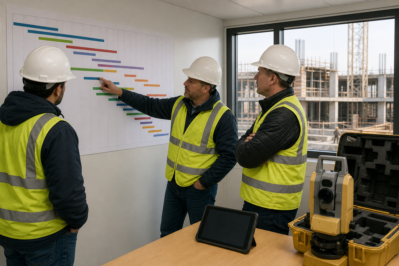 Photorealistic construction scene illustrating construction layout scheduling for a commercial project